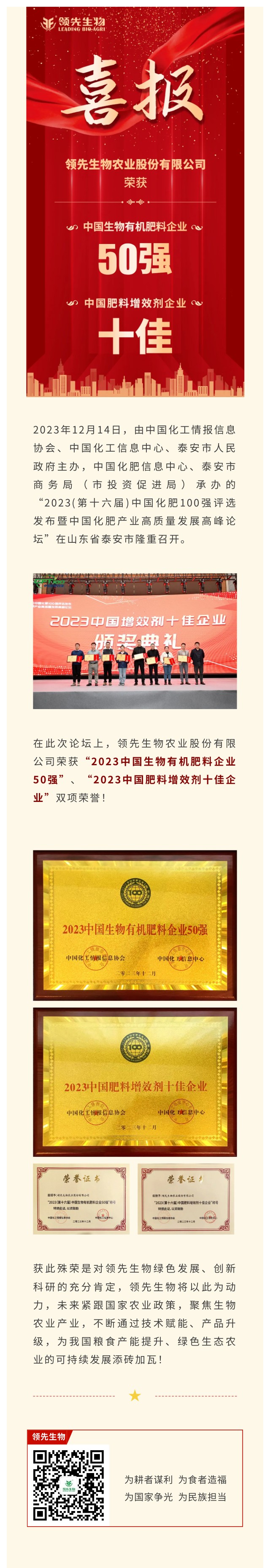 實(shí)力上榜 | 領(lǐng)先生物榮獲2023中國(guó)生物有機(jī)肥料企業(yè)50強(qiáng)！中國(guó)肥料增效劑十佳企業(yè)！